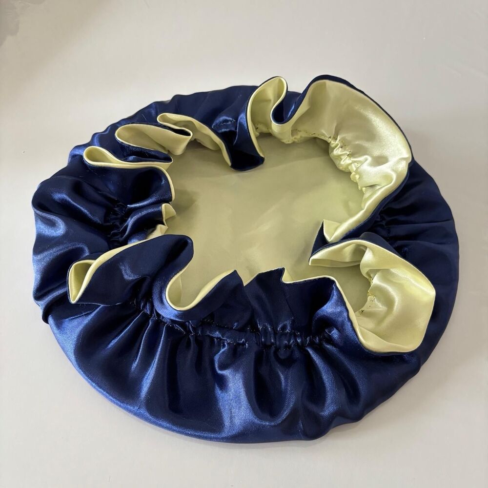 Reversible Satin Sleep Bonnet Hat – Navy & Yellow – Extra Large, Elastic Fit - Picture 7 of 16